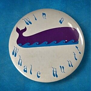 Vintage Win a Whale Hunt Button 1970s Large Graphic Pin Whales Purple Blue Rare